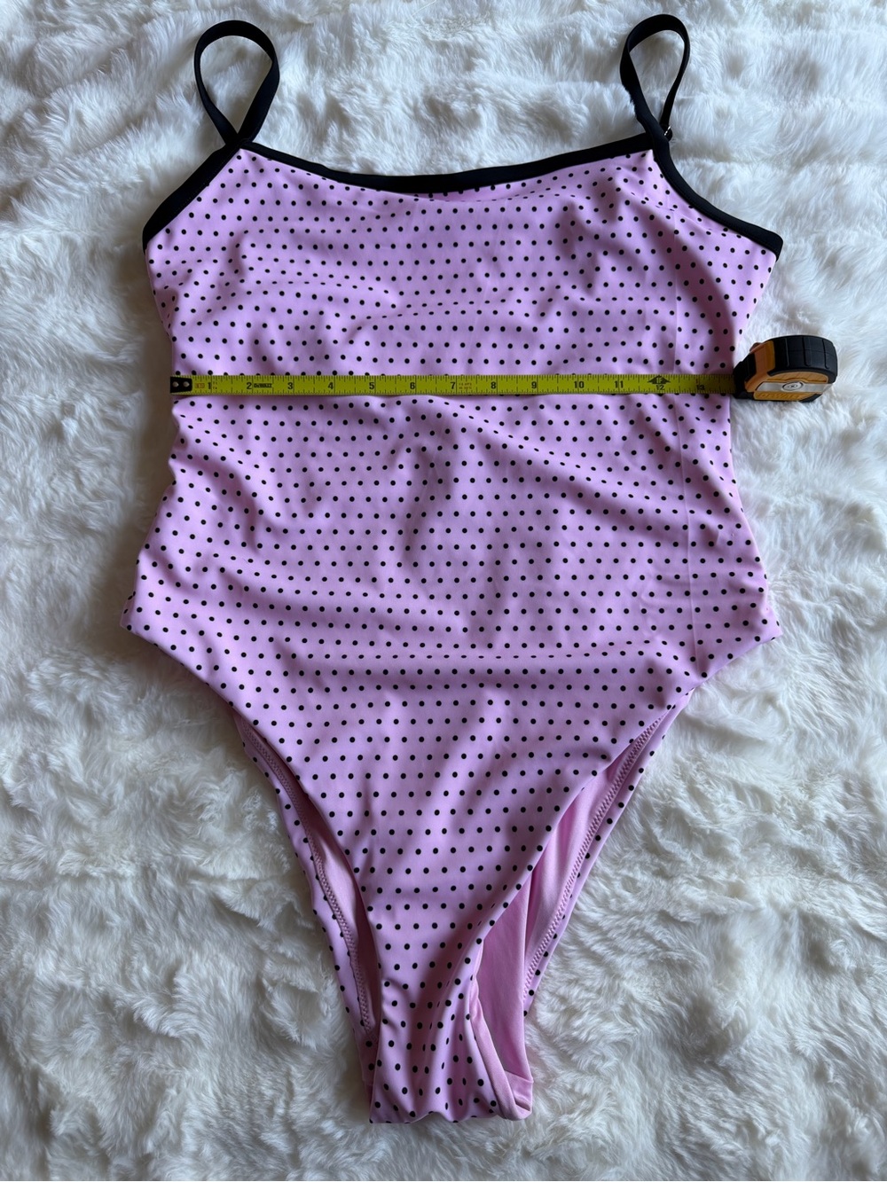 Frankie's Bikinis Pink Polka Dot One-Piece with Black Trim